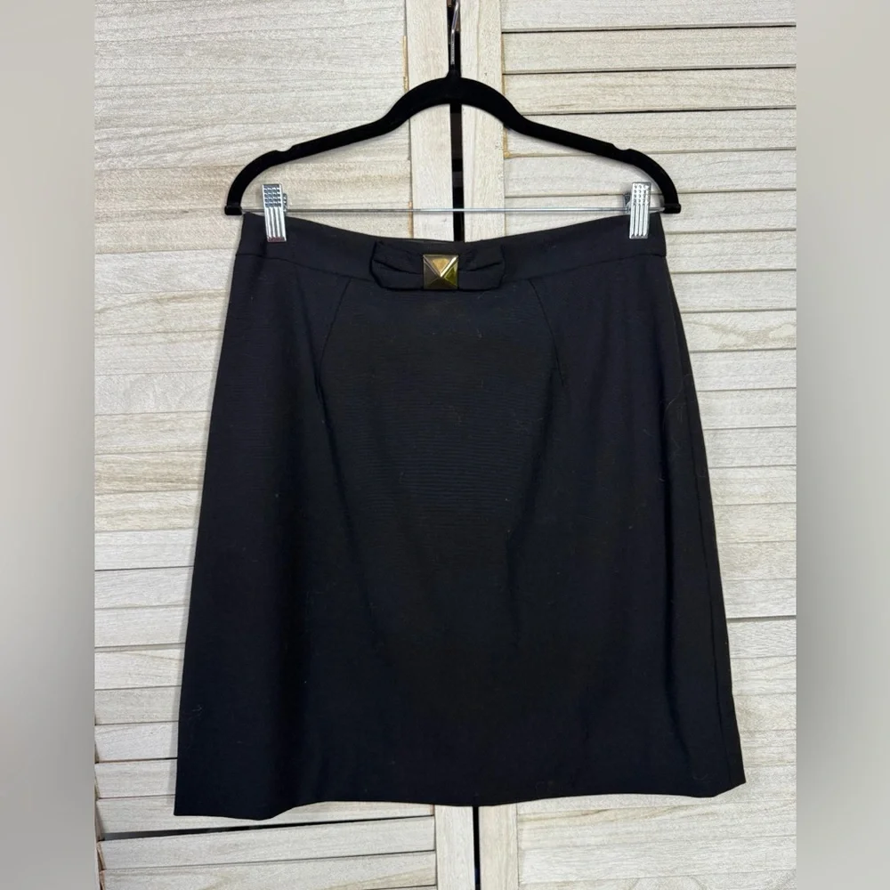 Kate Spade Black A-Line Midi Skirt Gold Bow Accent Size 10 Classic Chic EUC